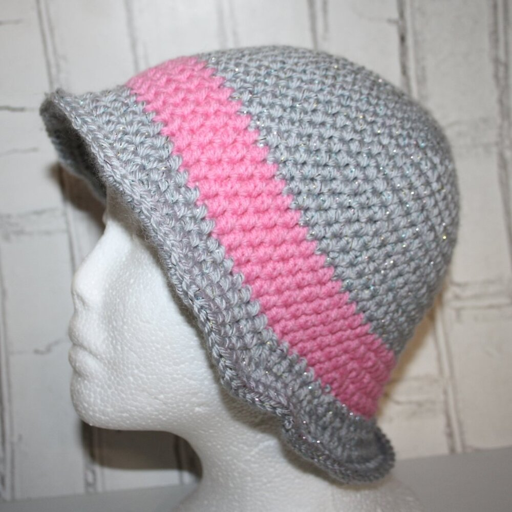 ✨ Glitter Gray & Pink Crocheted Sunhat – Handmade · One Size